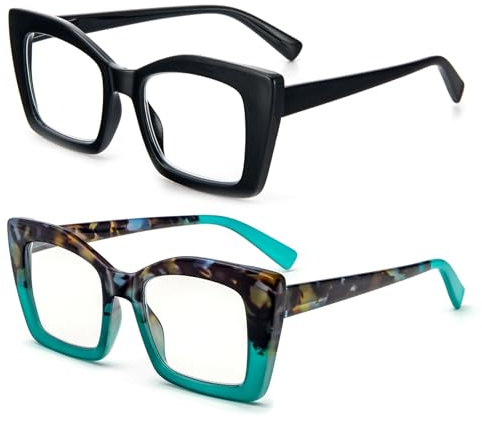 MMOWW Paquete de 2 gafas de lectura de gran tamaño para mujeres con montura cuadrada, estilo de moda, anti luz azul para mujeres y hombres (Negro+Tortuga carey azul, +1.5)