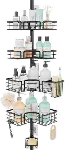 SWTYMIKI Telescopic Shower Caddy Corner - 4-Tier Rustproof Shower Corner Shelves, Tension Rod with Soap Holder, Adjustable No-Drill Organiser for Bathroom Storage, 27.6-108.3 inches (Black)