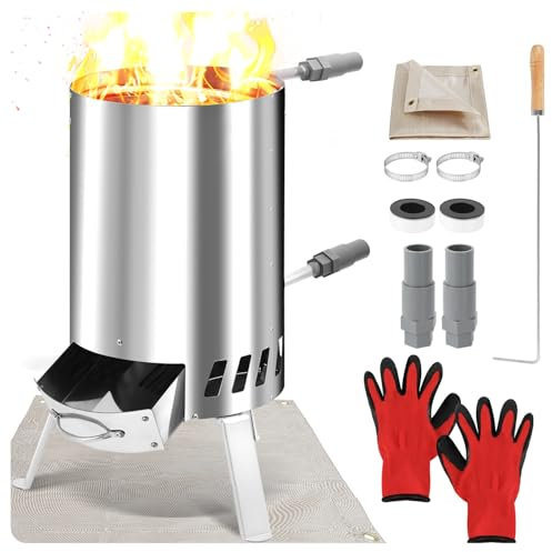 Ansobea Riscaldatore per piscina, legna da ardere, con spirale di riscaldamento, in acciaio inox, connettori da 32 a 38 mm, forno per piscina con tappetino ignifugo e vassoio, base rialzata