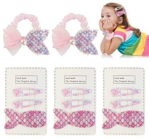Kytpyi Haarspangen Mädchen, Baby Haarspangen, 9 Stück Bunte Meerjungfrau Kinderhaarspange mit 2 Stück Elastisch Baby Haargummi für Alltagsleben Schule Tag Party, Kinder Haarschmuck für Geschenk (Rosa)