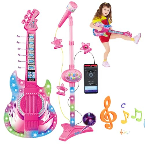 HoveeLuty Guitare et Microphone pour Enfants, Guitare Jouet avec Musique et lumière, Microphone réglable en Hauteur 2 en 1 pour Enfants avec Support, Instruments de Jouets éducatifs pour, é