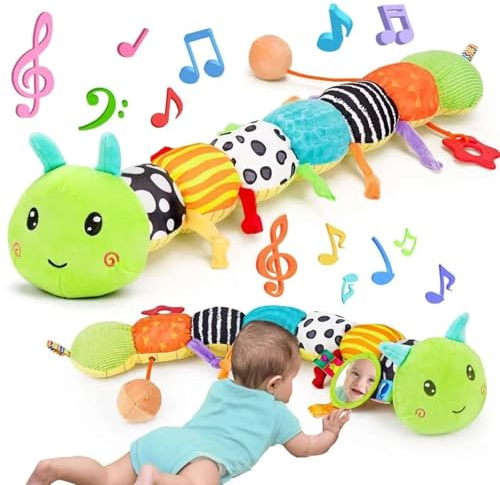 SINZONEu® Giocattolo Bruco Baby 0-12 Mesi, Peluche Musicale per la Pancia con Sonaglio Fruscio Squittio & Specchio Sicuro, Giocattoli Sensoriali Sviluppo Regalo per Neonati Maschi Femmine