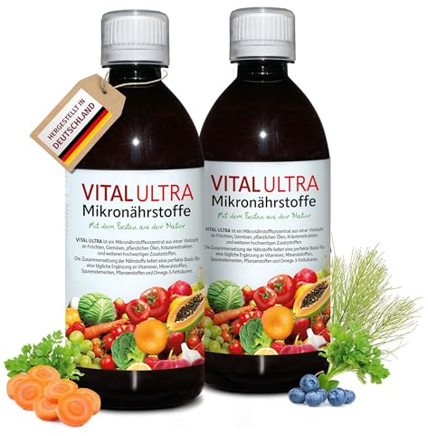 Vital Ultra – 2x480 ml – Mikronährstoffkonzentrat mit Vitaminen, Mineralien, Spurenelementen, Pflanzenstoffen und Omega-3-Fettsäuren - flüssiges Lebensmittel aus über 70 Zutaten - bis zu 120 Portionen