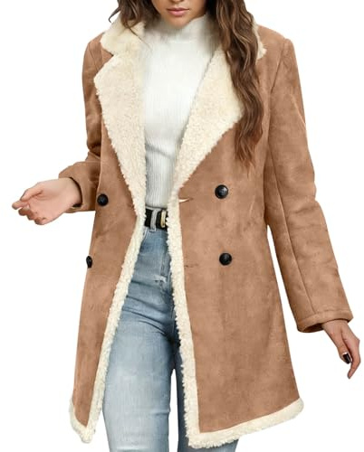 Winter Jackets for Women Shearling Sheepskin Faux Suede Jacket Vintage Furry Sherpa Lined Trench Coats Button Down Lapel Windbreak Outerwear Cashmere Fleece Winter Warm Coats with Pockets