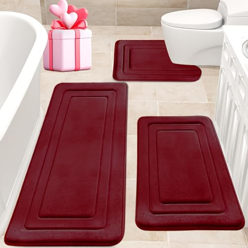 Jyswx Juego de 3 alfombras de baño de espuma viscoelástica, antideslizante y absorbente, lavable, suave y de secado rápido, alfombrilla de baño para ducha, inodoro y bañera, color burdeos