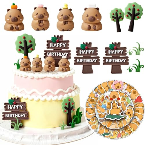 xolear 13 Piezas Capybara Decoracion Tartas Cumpleaños con 50pcs Capybara Pegatinas, Capibara Adornos no Comestibles para Magdalenas para Cumpleaños Infantiles y Fiestas con Temática de Animales
