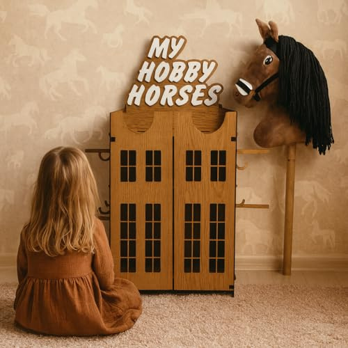 OliwoodCnc Hobby Horse stall för 2 käpphästar – häststall av MDF i ekutseende – leksaksorganisatör för barn med krokar – trähästtillbehör