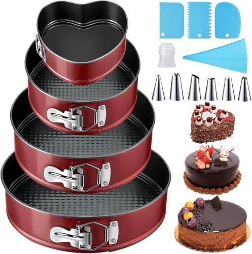 ZPQAODI Molde Desmontable de Repostería 4 Piezas, Capa Revestimiento Desmontable Antiadherente, Redondos Moldes para Pasteles 12/18/22/26 cm con Boquillas para Manga Pastelera Set, Raspadores Tartas