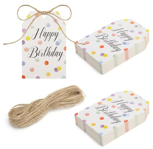 Lot de 100 étiquettes cadeaux d'anniversaire Happy Birthday en papier kraft à écrire avec ficelle de 20 m pour cadeaux d'anniversaire, invitations