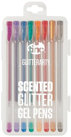 Tinc Glitterarty Liquid Gel Pens for Kids | Set of 8 Different Glittery Colours with a Fruity Fragrance | Includes Snap Shut Carry Case | Great for School, Home & Trips - Pack of 8, GLITGLPN