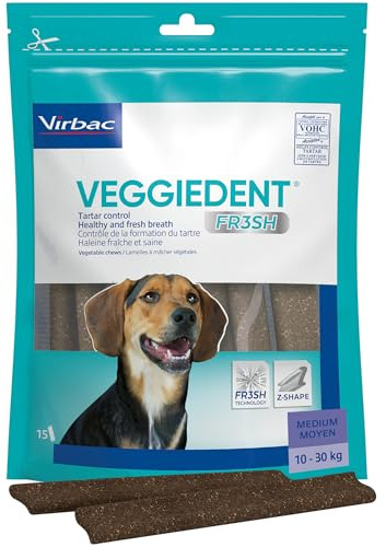 Virbac VeggieDent Lot de 15 Bandes à mâcher pour Chiens de Taille Moyenne (10 à 30 kg)