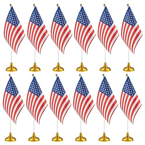 Juvale Mini American Flag Decor Set - 12-Pack 8 x 5.5in Flags on 12in Poles with Gold Base - Patriotic Table Decorations & Party Supplies for Desk & Office