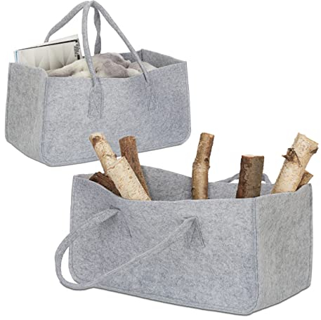Relaxdays 2X Borsa Portalegna per Camino in Feltro Cesto Portatile Portariviste Pieghevole HxLxP: 25x25x50 cm, Grigio