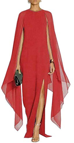 MuCoo Women's Elegant High Split Crepe Flared Sleeve Formal Evening Long Maxi Dresses Red L