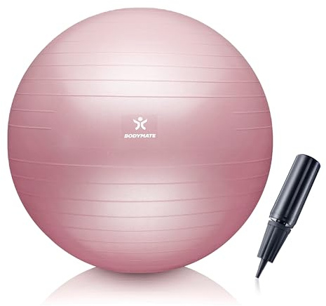 BODYMATE Gymnastikball Sitzball Trainingsball mit GRATIS E-Book inkl. Luft-Pumpe, Ball für Fitness, Yoga, Gymnastik, Core Training, für starken Rücken als Büro-Stuhl Rose 75cm