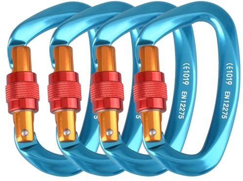 Azarxis Moschettoni Arrampicata 25 KN Moschettone in Alluminio Moschettone Alpinismo Discensore Arrampicata moschettone con ghiera (Blu - 4 Pezzi)