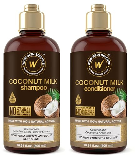 WOW Skin Science Coconut Milk Shampoo And Conditioner Set - Shampoo Conditioner Set Paraben Sulfate Free - Shampoo & Conditioner Set For Curly Hair (Brown, 2 Piece Set)