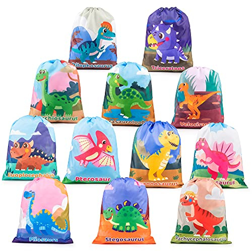 Mocoosy 12 Bolsas con Cordon para Ninos, Dinosaurio Mochila para Niños Fiesta de cumpleaños Bolsas de regalo reutilizables, Bolsa de fiesta de Dinosaurio, PE Bolsa de cuerdas para gimnasio Deporte