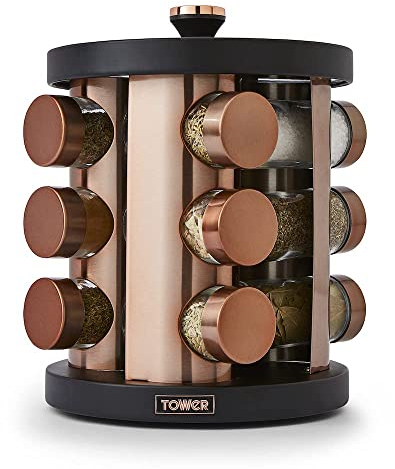 Tower T826022BLK Cavaletto 12 Jar Rotating Spice Rack with Pre-Filled Spices, Black and Rose Gold