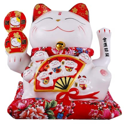Maneki Neko Lucky Cat (gato de la suerte japonés) de cerámica blanca de 7 pulgadas, diseño de gato de la suerte, porcelana ornamentada, el mejor regalo para la apertura de negocios