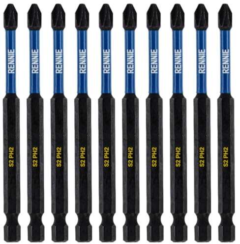Rennie Tools PH2 Schlagschrauber-Bit-Set, 100 mm lang, magnetisch, Kreuzschlitz, Nr. 2, extra lang, PH2-Bits, Sechskantschaft, Kreuzkopf, schwarze Oxidbeschichtung, 10 Stück