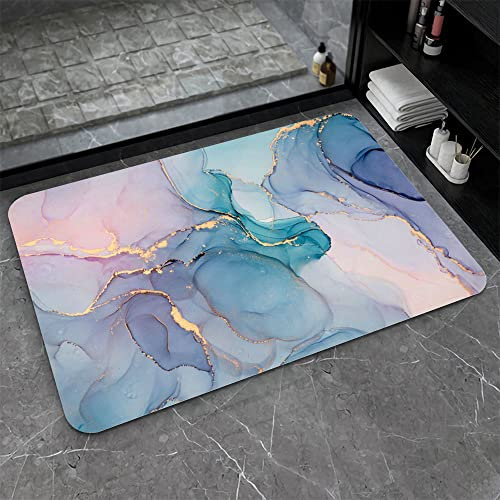 Super Absorbent Diatomaceous Earth Stone Bath Mat,Blue Green Gold Marble Quick-Drying Bathroom Carpets,Non Slip Bathtub Floor Mat，Easy to Clean, Simple Kitchen Doormat(Square 50×80cm)
