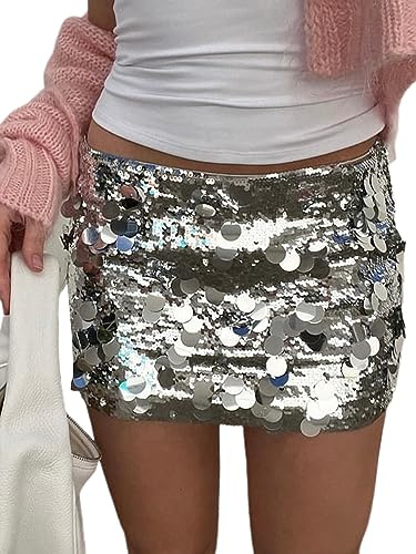 Fiacafyo Dam glänsande paljett minikjol glittrande höft glitter bodycon danskjolar låg stigning Y2k rave party klubb natt blyertskjolar, D-silver, L