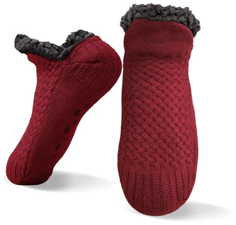 ZEOXUER Stoppstrumpor vinter – varma stugstrumpor – halkfria tofflor strumpor – vinterstrumpor – män kvinnor – 1 par, kabel vinröd, XL