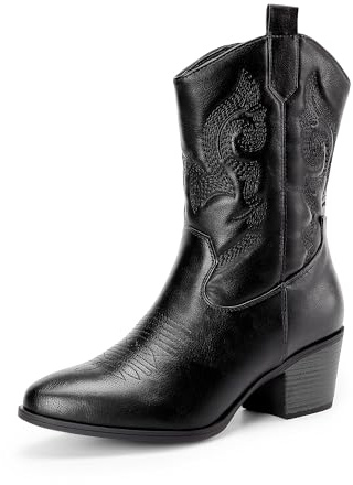 DREAM PAIRS cowboystövlar för kvinnor, cowgirlstövlar i mitten av vaden med broderi, rund tå, västerländsk tjocka lågklackade skor | 5,6 cm kubansk häl, intrikat broderi, TPR, 4 mm latex, året runt