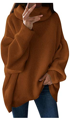 Generisch Pull en tricot à grosses mailles pour femme - Pull à col roulé en coton - Pull à manches longues - Élégant pull en tricot avec col roulé - Pull d'hiver chaud - Vintage - Pull en tricot épais