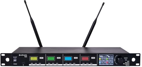 citronic | Quad Wireless Microphone System with Tuneable UHF License Free Frequencies, Stage, Theatre, Performance | 4 x UHF wireless Handheld Microphones, Independent 7-band EQ for Each Channel
