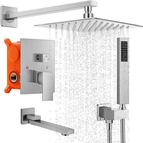Sistema de Ducha empotrable, Cabezal de Ducha Tipo Lluvia Cuadrado y Juego de Manguera, Kit de Ducha de Techo de una Sola manija, Cepillado