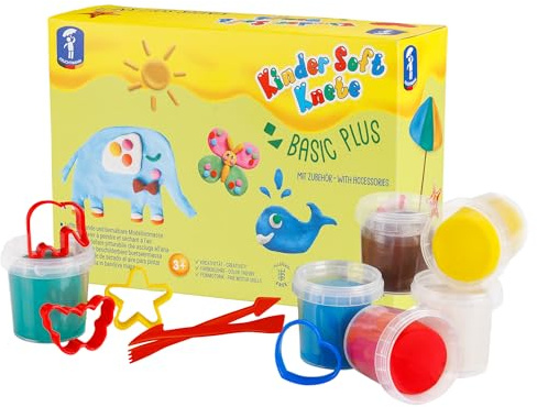 Feuchtmann KINDER SOFT KNETE Basic Plus - 6 x 150g weiche Kinderknete mit Zubehör, ungiftig, vegan und glutenfrei, lufttrocknende Knetmasse im Knetset für kreatives Spielen