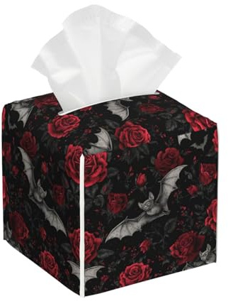 Goth Tissue Box Cover Square,Bat Rose Tissue Box Holder Waterproof Leather Facial Paper Organizer Dispenser for Bathroom Home Car Kitchen Nightstand Vanity Desk Decoration
