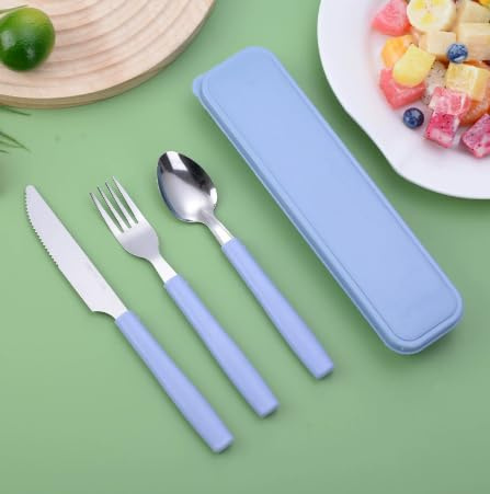 Campingbestick, 2 stycken resebestick i rostfritt stål med fodral, bestickset to go, rostfritt stål sporks besticklåda för resor, arbete, skola, (blå, rosa)