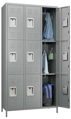 LOCENHU Casier à 9 compartiments, casier en métal pour employés avec crochets, convient pour l'école, la gym, le bureau, la salle de sport (gris clair)