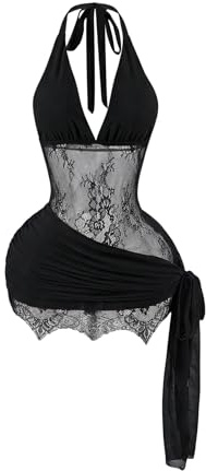OYOANGLE Women's Lace Sheer Halter Mini Dress Sleeveless V Neck Asymmetrical Wrap Hem Bodycon Party Club Dress Black Small