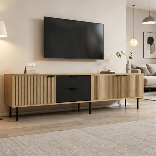 Merax 208cm TV Stand for TVs up to 85 Inch, Modern Media Console with 3 Drawers, 3 Door Storage Cabinets and Cable Management, Wooden Entertainment Unit Lowboard for Living Room, Oak & Black