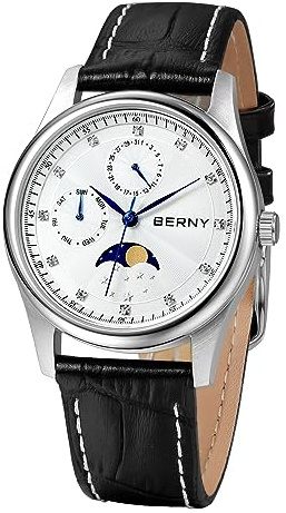 BERNY Multifunktionsuhren für Frauen wasserdichte Damenuhren mit echtem Lederband Mode Damenuhren mit Kalenderwoche Mondphase Dail