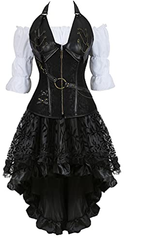 Hengzhifeng Corset Jupe et Chemisier Blouse Femme Steampunk Cuir Bustier Pirate Costume (EU 32-34,Noir)