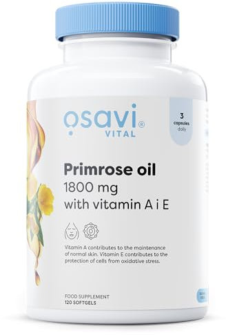 Osavi - Primrose Oil mit Vitamin A & E | 1800 mg Nachtkerzenöl pro Portion - Für Haut, Balance und antioxidativen Zellschutz | 120 Softgels