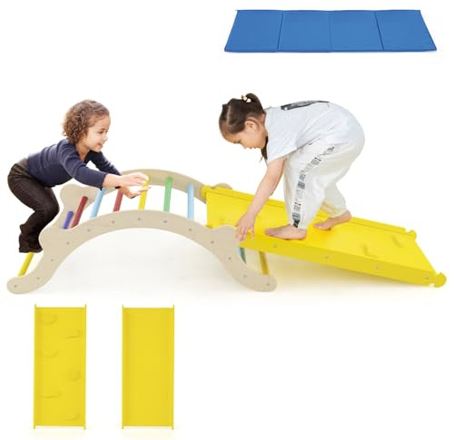 RELAX4LIFE 4 in 1 Arco da Arrampicata Montessori per Bambini, Set di Arrampicata con Scivolo e Cuscino Morbido, Portata 60KG, Giochi Educativi per Bimbini 1+ Anni (Colorato)