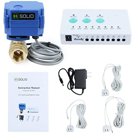 U.S. Solid Detector de Fugas de Agua - Sistema Detector de Alarma de Fugas de Agua con válvula de Bola motorizada de latón de Cierre automático de 1/2, Controlador y 3 sensores y Alarma de Sonido