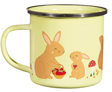 Sass & Belle Garden Friends - Taza esmaltada con bonito diseño de conejo y ardilla en amarillo y marrón, taza de metal duradera de 200 ml, ligera y reutilizable, ideal para uso al aire libre y regalos