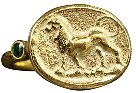 Caprixus Signet Ring 925 Sterling Silver Lion Ring Ancient Coin Ring 24K Gold Vermeil Designer Handmade Rings for Women Hammered Cubic Zirconia Ring Turkish Fine Jewelry