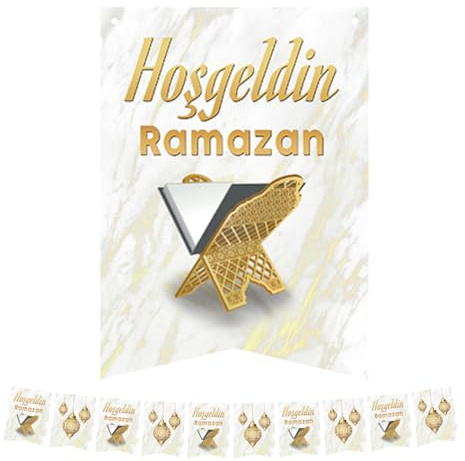 Ramazan Decoración (Hoşgeldin Ramazan), decoración de Ramadán, banderines, banderines, cadena de banderines (blanco/dorado)