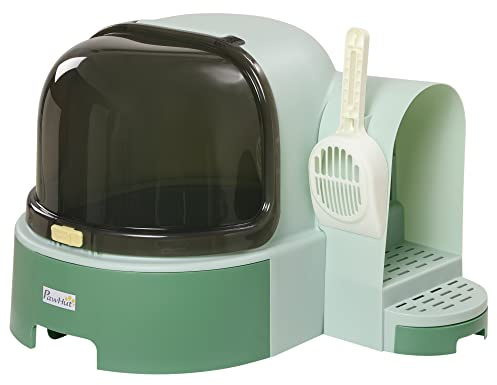 PawHut Arenero para Gatos con Cubierto Caja de Arena para Gatos en Forma de Cápsula Espacial con 2 Bandejas Extraíbles y Pala 52x60x42 cm Verde