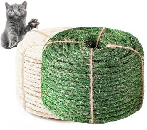 White and Green Sisal Rope 20M 6mm, Natural Premium Durable Unoiled Cat Sisal Rope for Repairing, Recovering or DIY Scratcher, Twisted Thicker Fiber Hemp Rope for Cat Tree and Tower