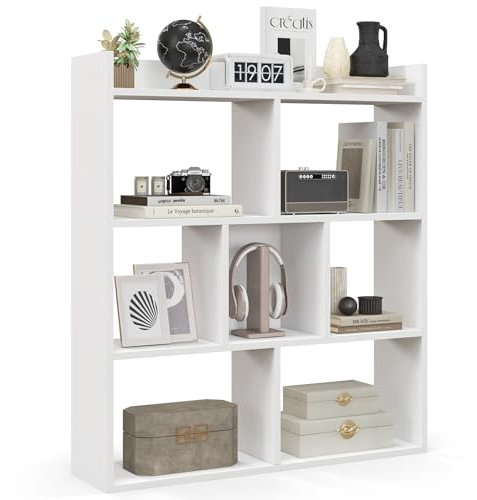 GOPLUS Étagère Bibliothèque à 7 Cubes Ouvertes, Bibliothèque en Bois à 3 Niveaux avec Kits Anti-basculement, Meuble Rangement pour Salon, Bureau, Bureau, 80x20x90cm (Blanc)