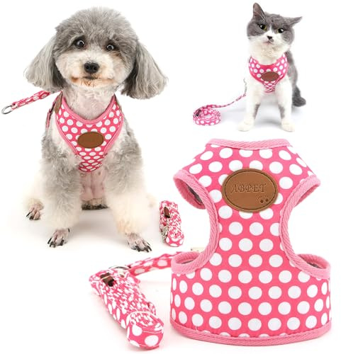 Zunea Arnés y Correa para Perros Pequeños Antitirones Ajustable Cachorros Chaleco Arnés Forro de Malla Transpirable a Prueba de Escapes Gatos Arnes Lindo Diseño de Lunares Mascotas Arneses Rosa M